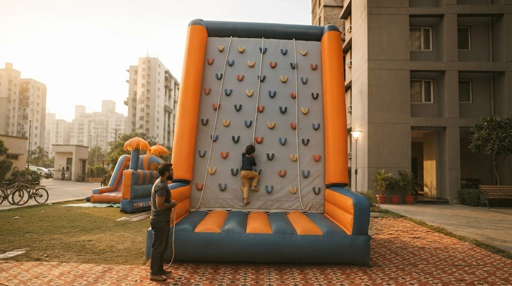 Children celebrating a birthday with Portable Climbing Wall On Rent setup in a Baner society lawn