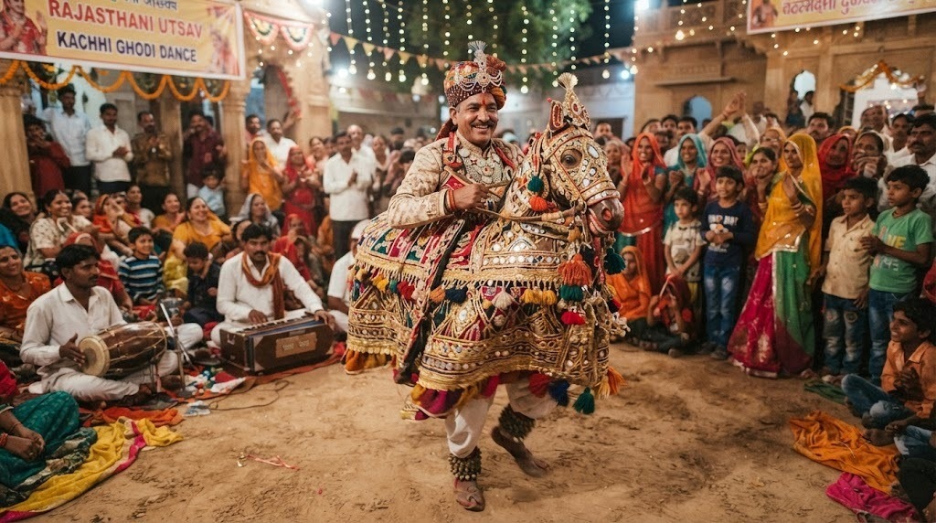 Kachhi Ghodi folk dance artist performing at a wedding baraat entry in Manesar