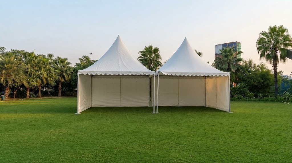 Pagoda tent structure installed on an open ground in Delhi for a wedding event