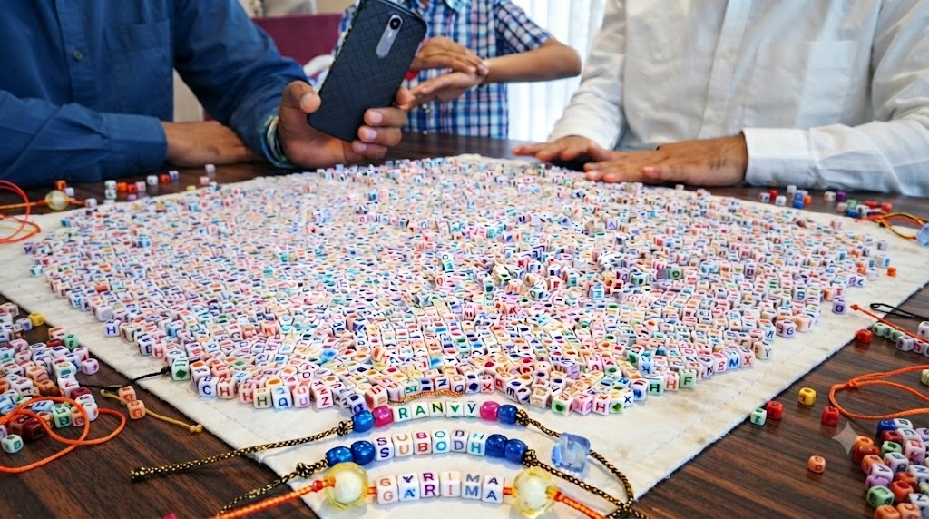 Manesar name beading artist setting up a personalized bracelet activity corner for a live event