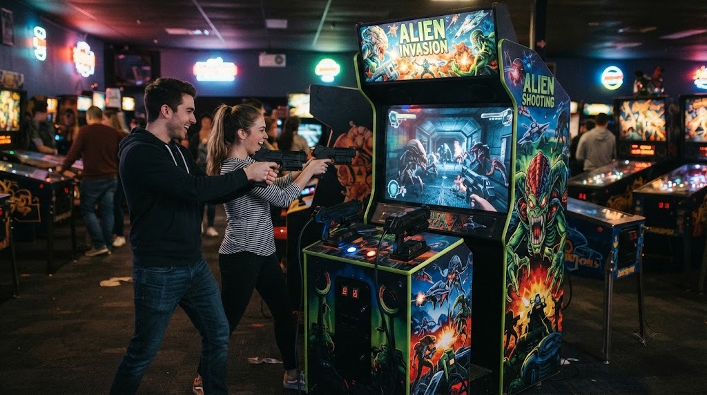 Alien Shooting Arcade Game On Rent setup on display for an event in Chennai near OMR
