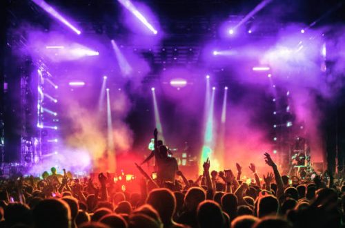 Rear view of large group of people enjoying a concert performance. There are many hands applauding and taping the show. Blue and red spot lights firing from the stage.

Each individual inspected for recognizability.
